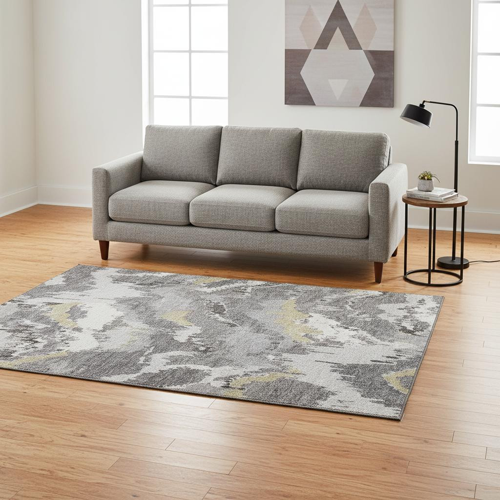 668653 5 x 8 ft. Gray Gold & Ivory Abstract Transitional Washable Machine Made Rectangle Area Rug with UV Protection