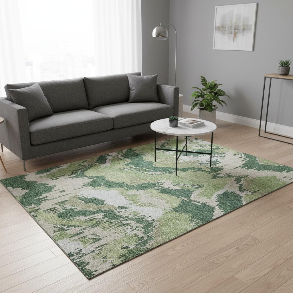 668659 5 x 8 ft. Green, Ivory & Beige Abstract Washable Machine Made Rectangle Area Rug with UV Protection