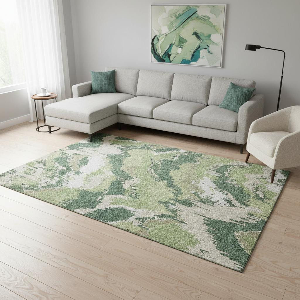 668661 8 x 10 ft. Green, Ivory & Beige Abstract Washable Machine Made Rectangle Area Rug with UV Protection