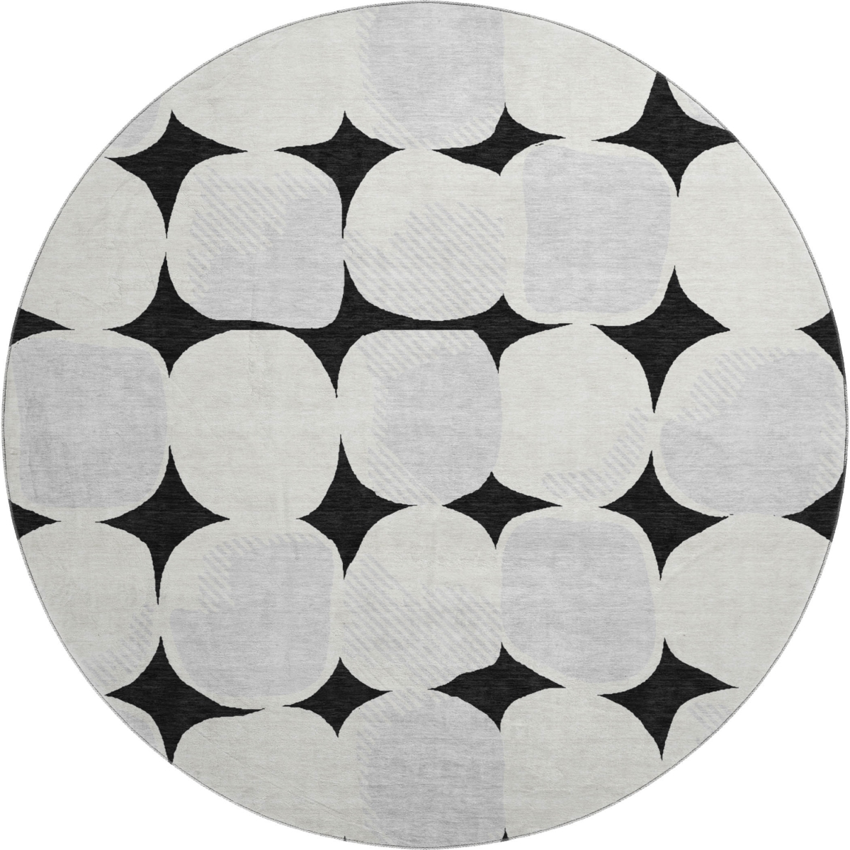 669165 8 ft. Black & Ivory Abstract Geometric Transitional Washable Round Area Rug with UV Protection