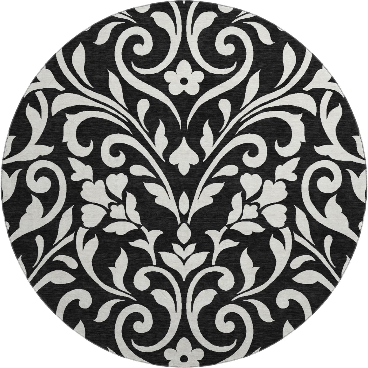 669585 8 ft. Black & Ivory Floral Transitional Washable Round Area Rug with UV Protection