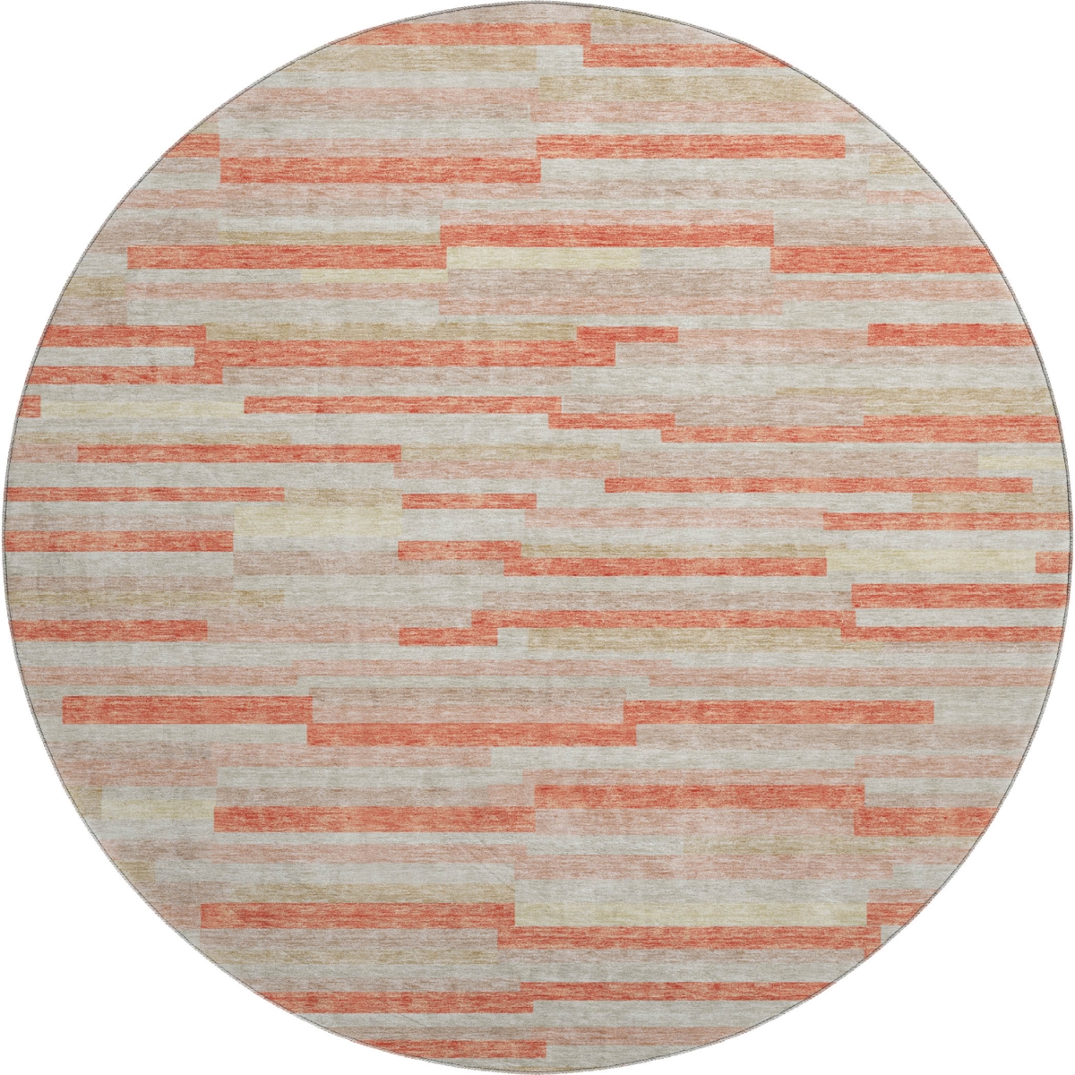 671093 8 ft. Salmon & Beige Striped Transitional Washable Round Area Rug with UV Protection