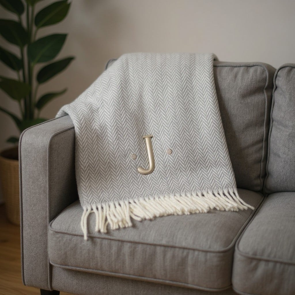 655533 70 x 55 x 0.50 in. Gray & White Herringbone Cotton Blend J Throw Blanket with Tassels & Embroidery