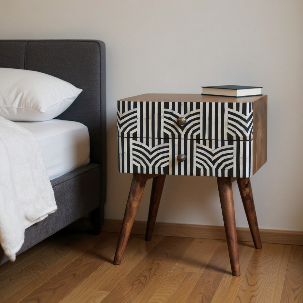 651501 23 in. Black, White & Brown Solid Wood Geometric Bone Inlay Two Drawer Nightstand
