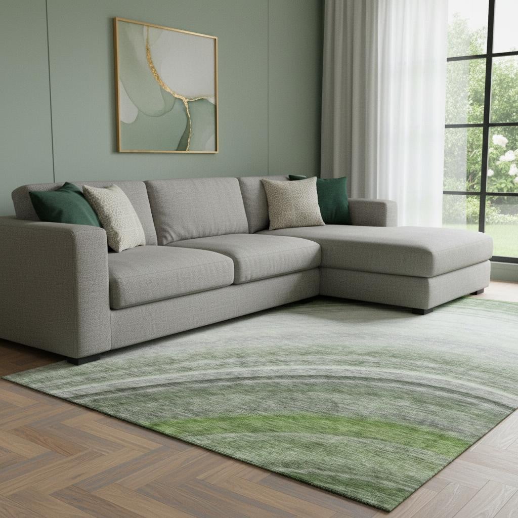 650308 10 x 14 ft. Green, Ivory & Gray Ombre Washable Machine Made Rectangle Area Rug with UV Protection