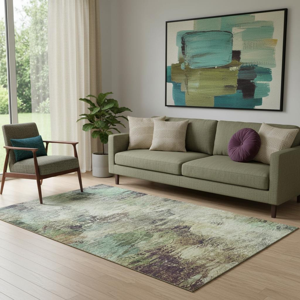 650628 5 x 8 ft. Beige Teal & Olive Green Abstract Washable Machine Made Rectangle Area Rug with UV Protection