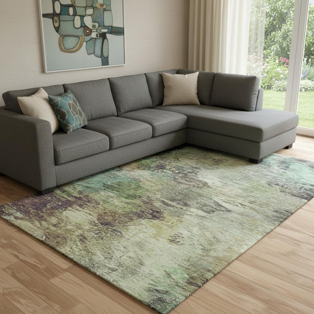 650632 10 x 14 ft. Beige Teal & Olive Green Abstract Washable Machine Made Rectangle Area Rug with UV Protection