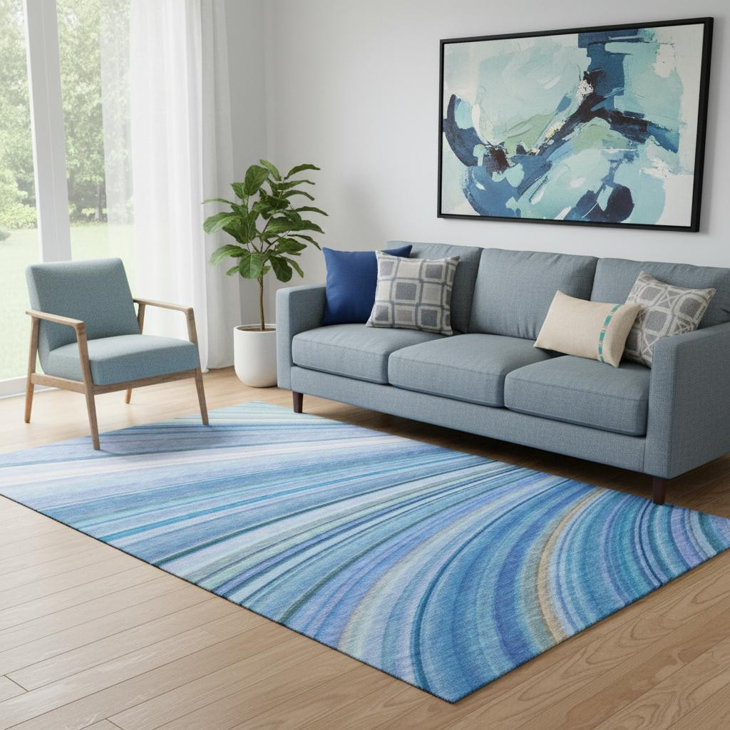 650340 5 x 8 ft. Blue, Ivory & Gold Abstract Transitional Washable Machine Made Rectangle Area Rug with UV Protection