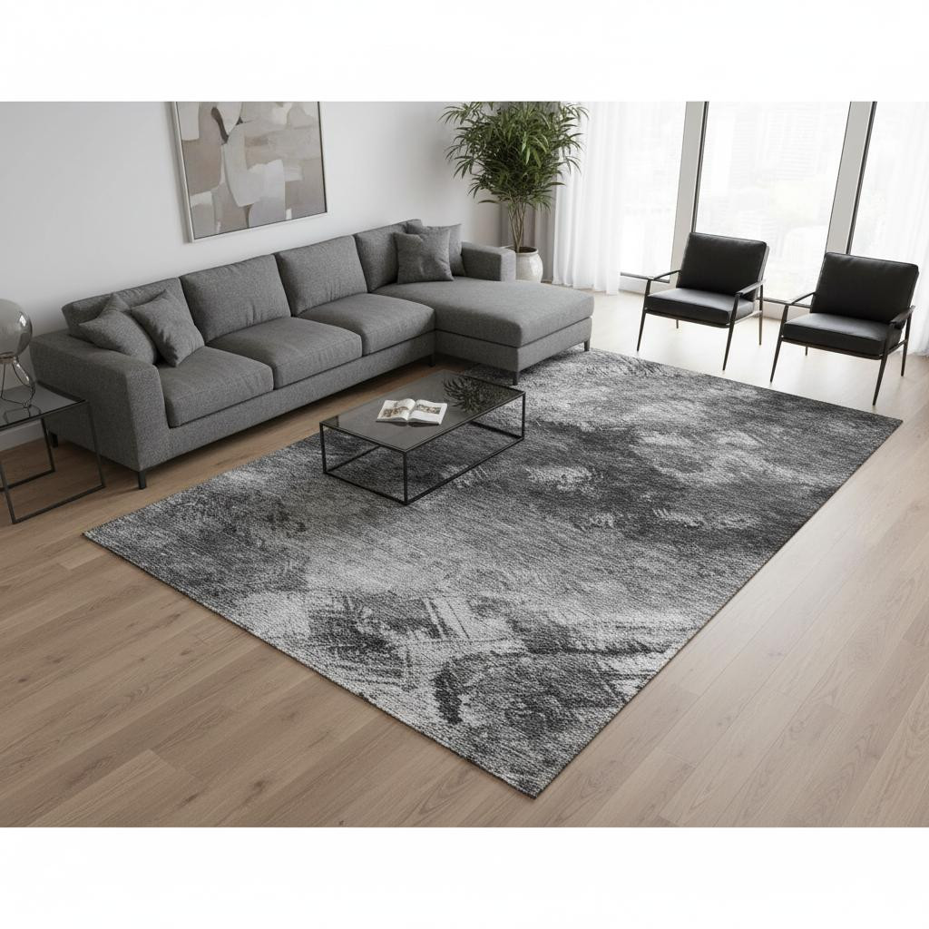 650516 8 x 10 ft. Gray Silver & Black Abstract Transitional Washable Machine Made Rectangle Area Rug with UV Protection