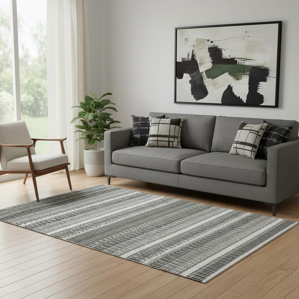 650478 5 x 8 ft. Gray & Ivory Striped Transitional Washable Machine Made Rectangle Area Rug with UV Protection
