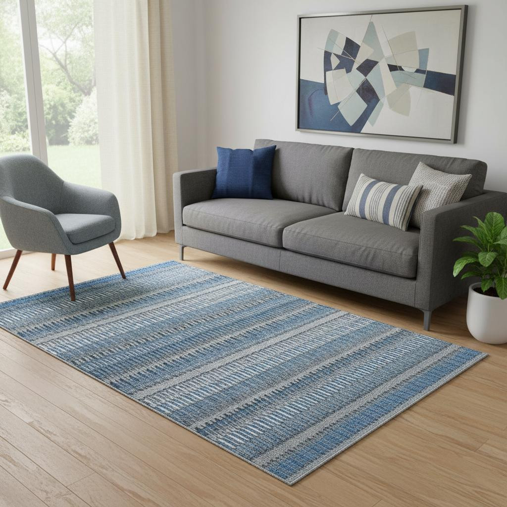 650460 5 x 8 ft. Blue & Ivory Striped Transitional Washable Machine Made Rectangle Area Rug with UV Protection
