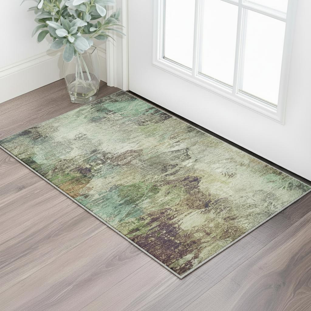 650627 3 x 5 ft. Beige Teal & Olive Green Abstract Washable Machine Made Rectangle Area Rug with UV Protection