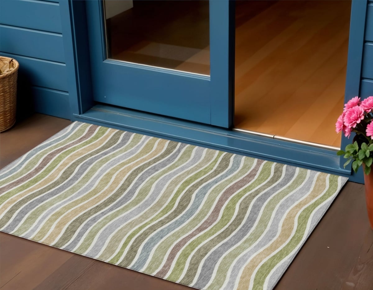 659814 3 x 5 ft. Fern Green, Ivory & Wheat Striped Washable Transitional Indoor & Outdoor Rectangle Area Rug