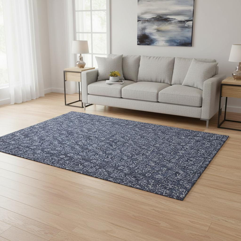 656450 5 x 8 ft. Navy Blue & Ivory Floral Transitional Washable Machine Made Rectangle Area Rug with UV Protection