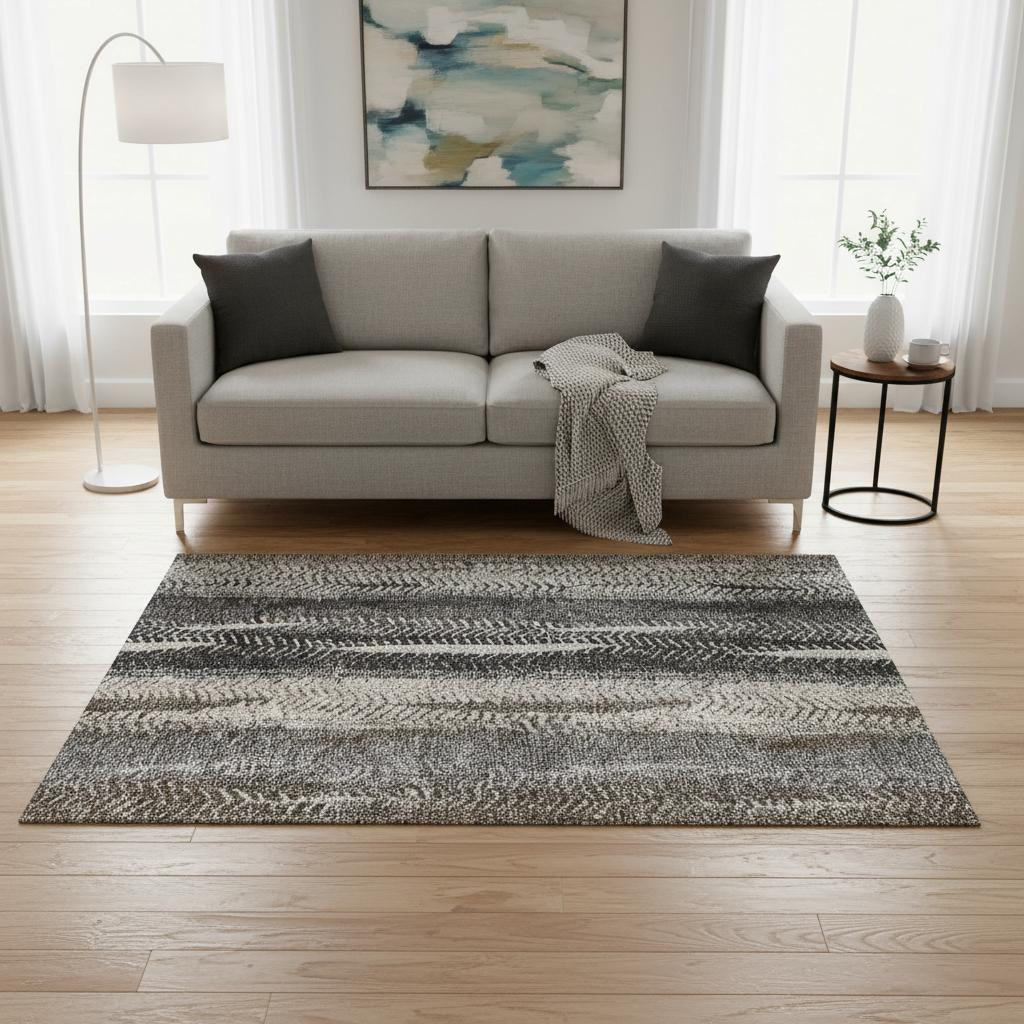656479 5 x 8 ft. Brown, Gray & Ivory Striped Washable Machine Made Rectangle Area Rug with UV Protection