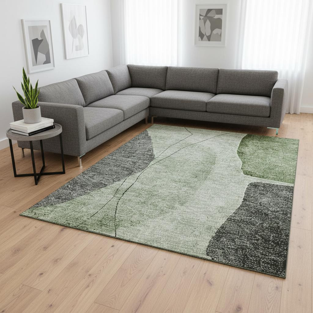 656567 10 x 14 ft. Green, Gray & Ivory Abstract Transitional Washable Machine Made Rectangle Area Rug with UV Protection