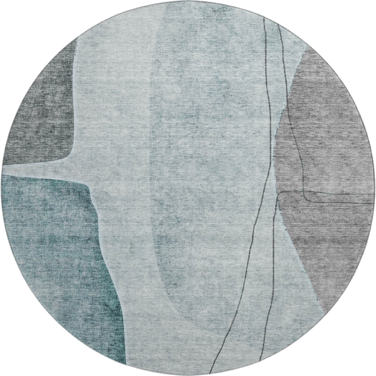 656582 8 ft. Teal, Gray & Ivory Abstract Transitional Washable Round Area Rug with UV Protection