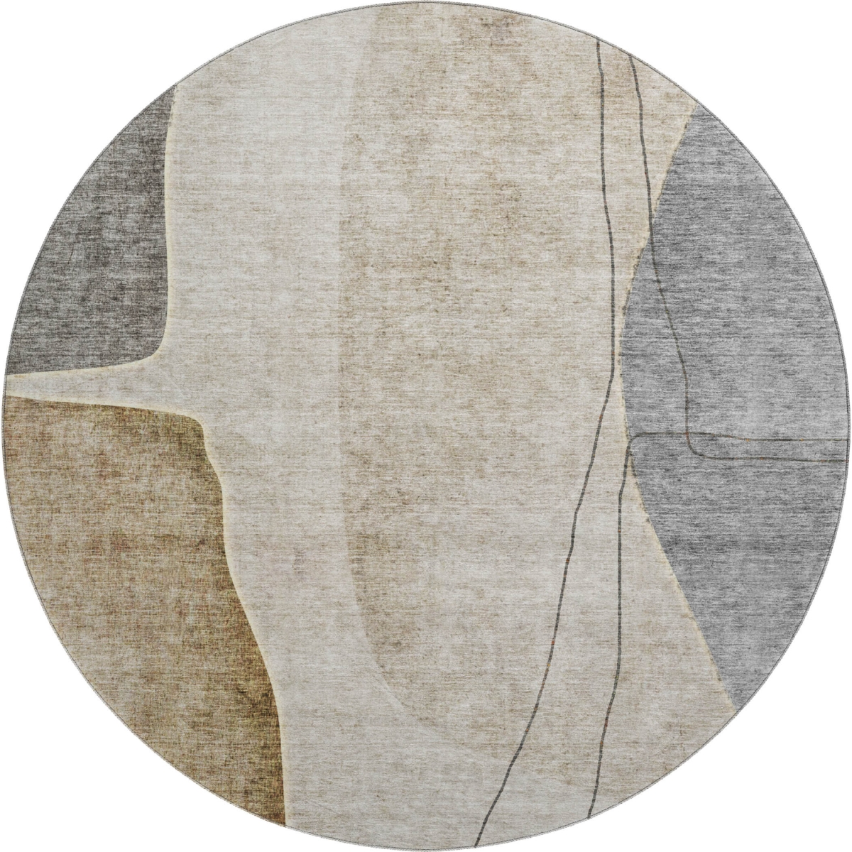 656588 8 ft. Taupe Beige & Gray Abstract Transitional Washable Round Area Rug with UV Protection