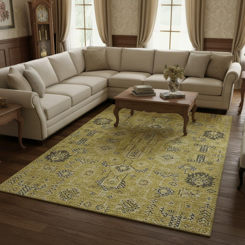 656620 9 x 12 ft. Gold Charcoal & Gray Oriental Washable Machine Made Rectangle Area Rug with UV Protection