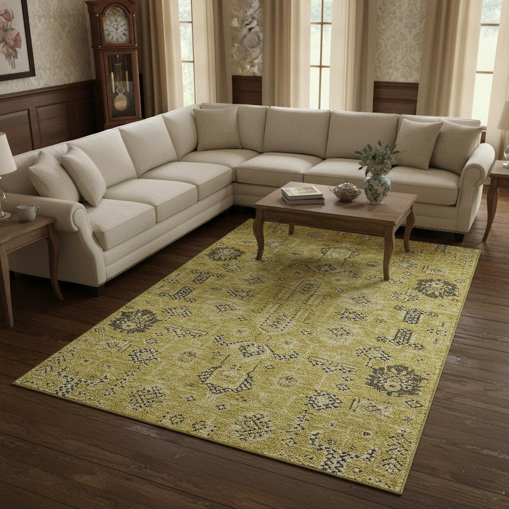 656621 10 x 14 ft. Gold Charcoal & Gray Oriental Washable Machine Made Rectangle Area Rug with UV Protection