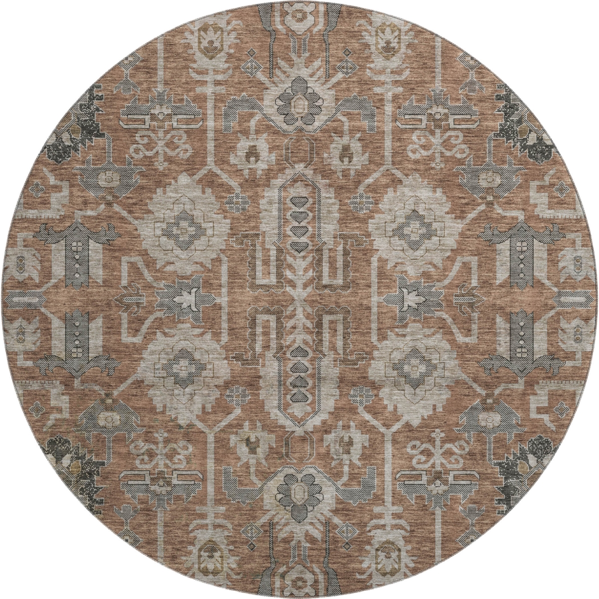 656666 8 ft. Rust Gray & Charcoal Oriental Washable Round Area Rug with UV Protection