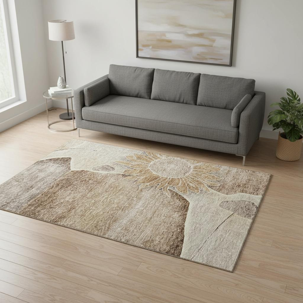 656785 5 x 8 ft. Brown & Beige Floral Transitional Washable Machine Made Rectangle Area Rug with UV Protection