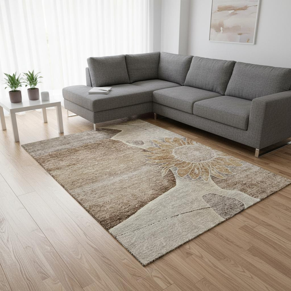 656788 9 x 12 ft. Brown & Beige Floral Transitional Washable Machine Made Rectangle Area Rug with UV Protection