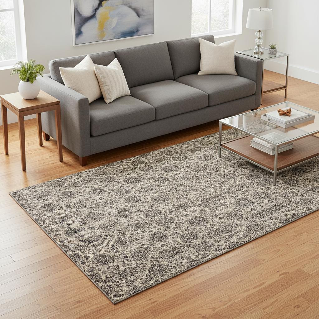 656827 5 x 8 ft. Ivory & Taupe Floral Washable Machine Made Rectangle Area Rug with UV Protection
