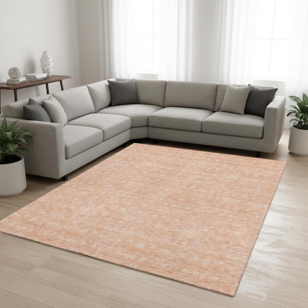 656914 9 x 12 ft. Peach & Ivory Floral Washable Machine Made Rectangle Area Rug with UV Protection