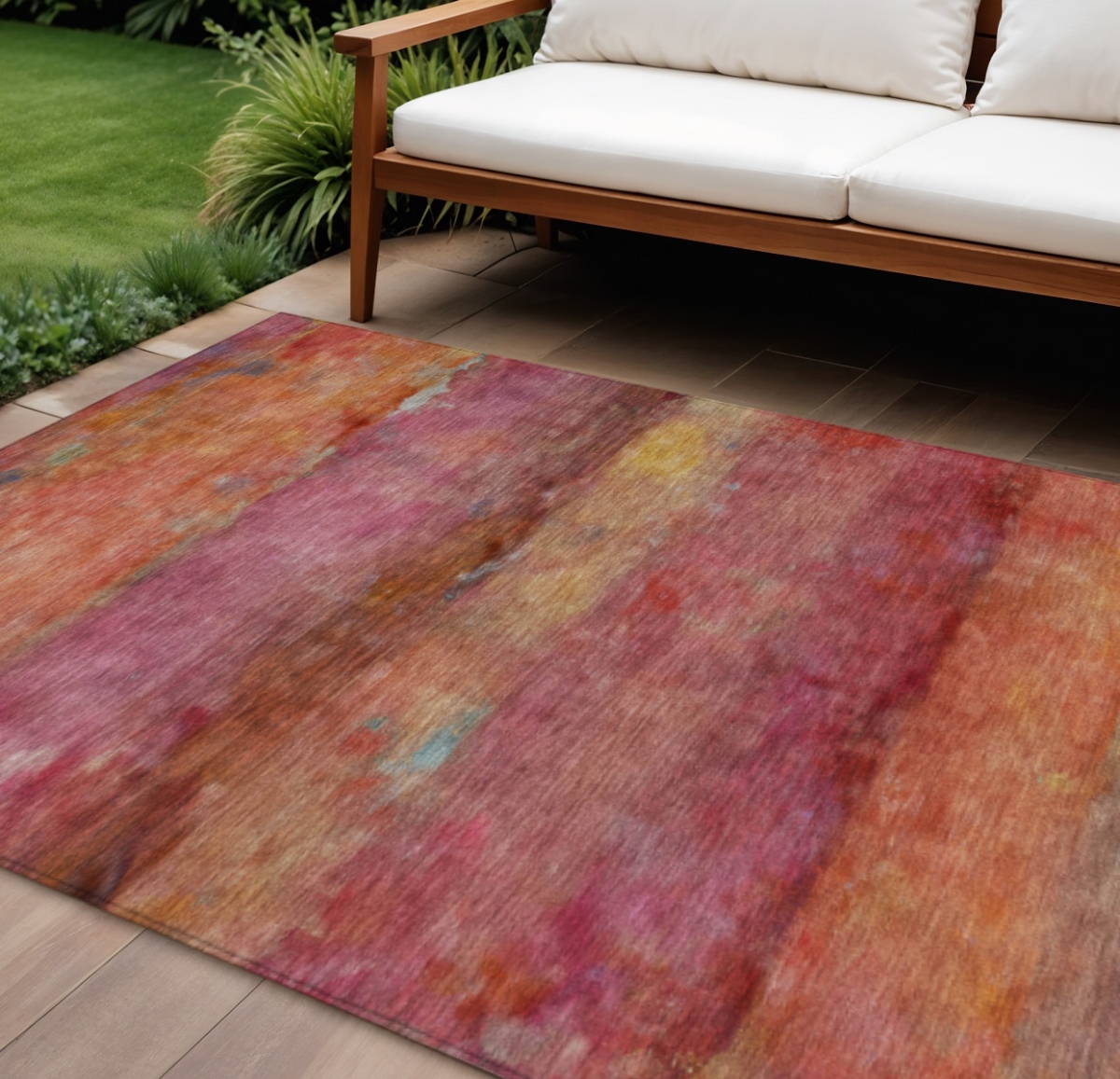 658794 10 x 14 ft. Pink Orange & Gold Abstract Washable Transitional Indoor & Outdoor Rectangle Area Rug
