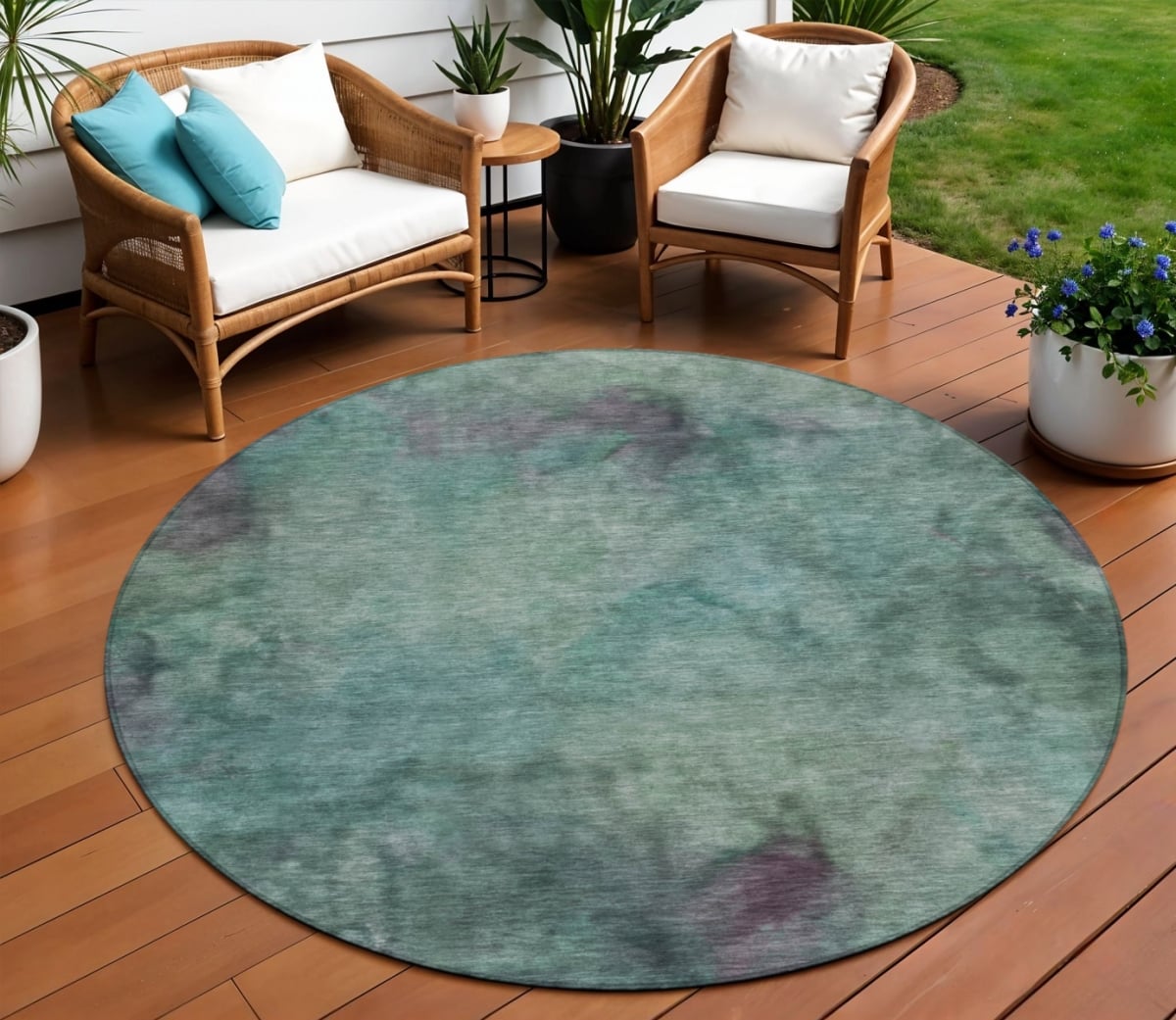 658839 8 ft. Teal, Blue & Purple Abstract Washable Transitional Indoor & Outdoor Round Area Rug
