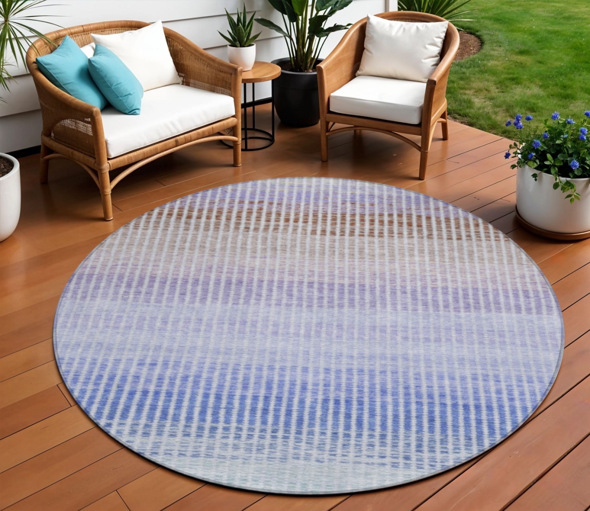 658863 8 ft. Green Lavender & Teal Blue Striped Washable Transitional Indoor & Outdoor Round Area Rug