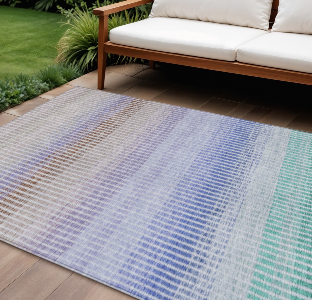 658866 10 x 14 ft. Green Lavender & Teal Blue Striped Washable Transitional Indoor & Outdoor Rectangle Area Rug
