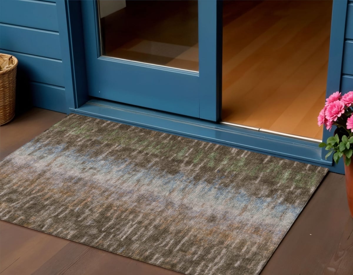 659078 3 x 5 ft. Brown Green & Ivory Abstract Washable Transitional Indoor & Outdoor Rectangle Area Rug
