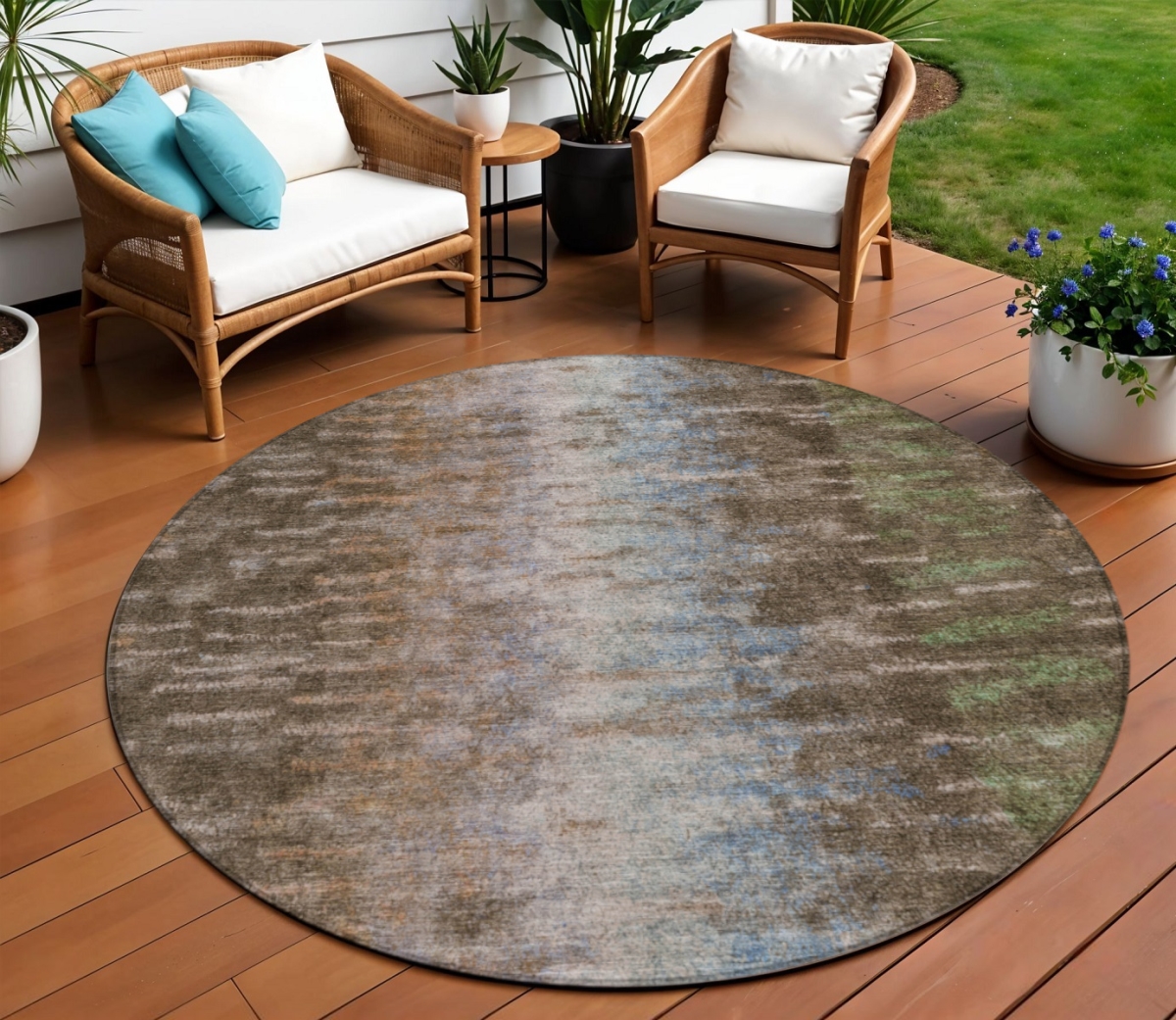 659080 8 ft. Brown Green & Ivory Abstract Washable Transitional Indoor & Outdoor Round Area Rug