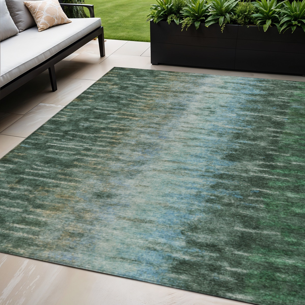 659097 5 x 8 ft. Emerald Teal, Blue & Ivory Abstract Washable Transitional Indoor & Outdoor Rectangle Area Rug