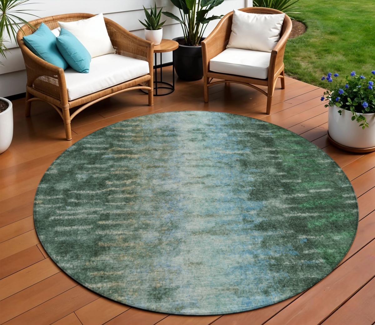 659098 8 ft. Emerald Teal, Blue & Ivory Abstract Washable Transitional Indoor & Outdoor Round Area Rug