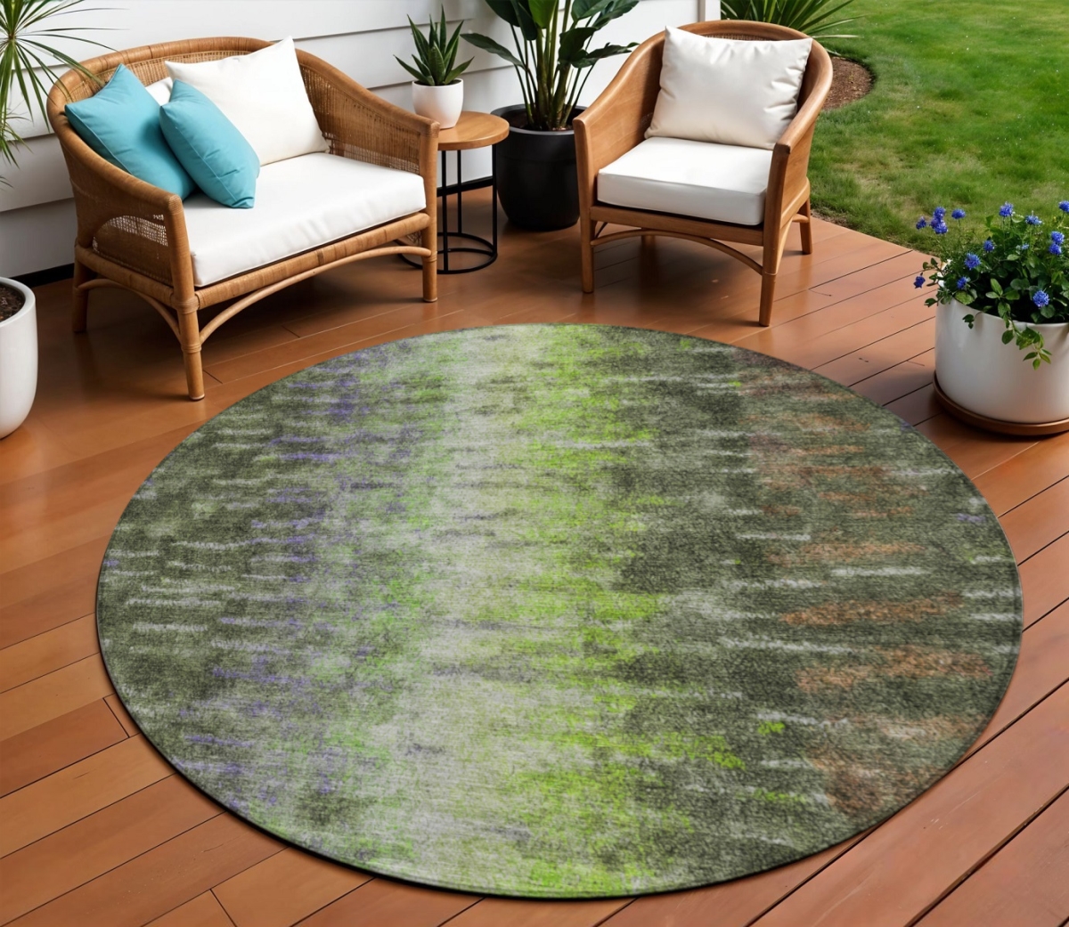 659116 8 ft. Olive Green Brown & Purple Abstract Washable Transitional Indoor & Outdoor Round Area Rug