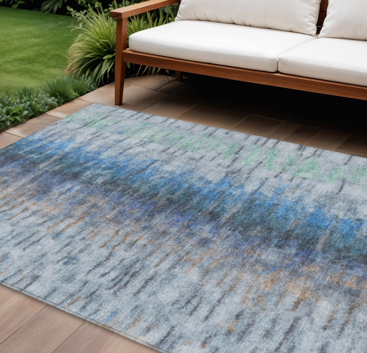 659131 10 x 14 ft. Blue & Ivory Abstract Washable Transitional Indoor & Outdoor Rectangle Area Rug