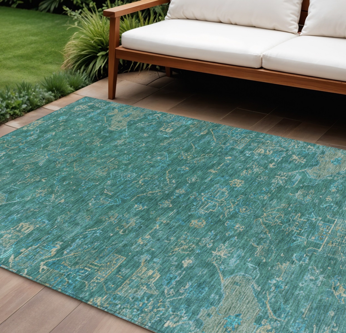 659292 9 x 12 ft. Teal, Blue & Artichoke Green Medallion Washable Traditional Indoor & Outdoor Rectangle Area Rug