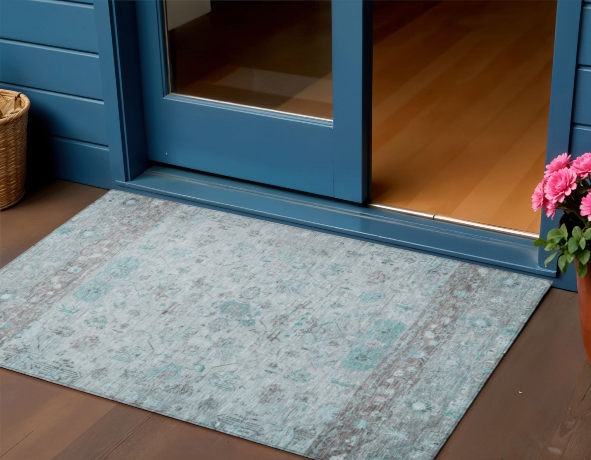 659330 3 x 5 ft. Teal Blue, Gray & Silver Tribal Washable Traditional Indoor & Outdoor Rectangle Area Rug