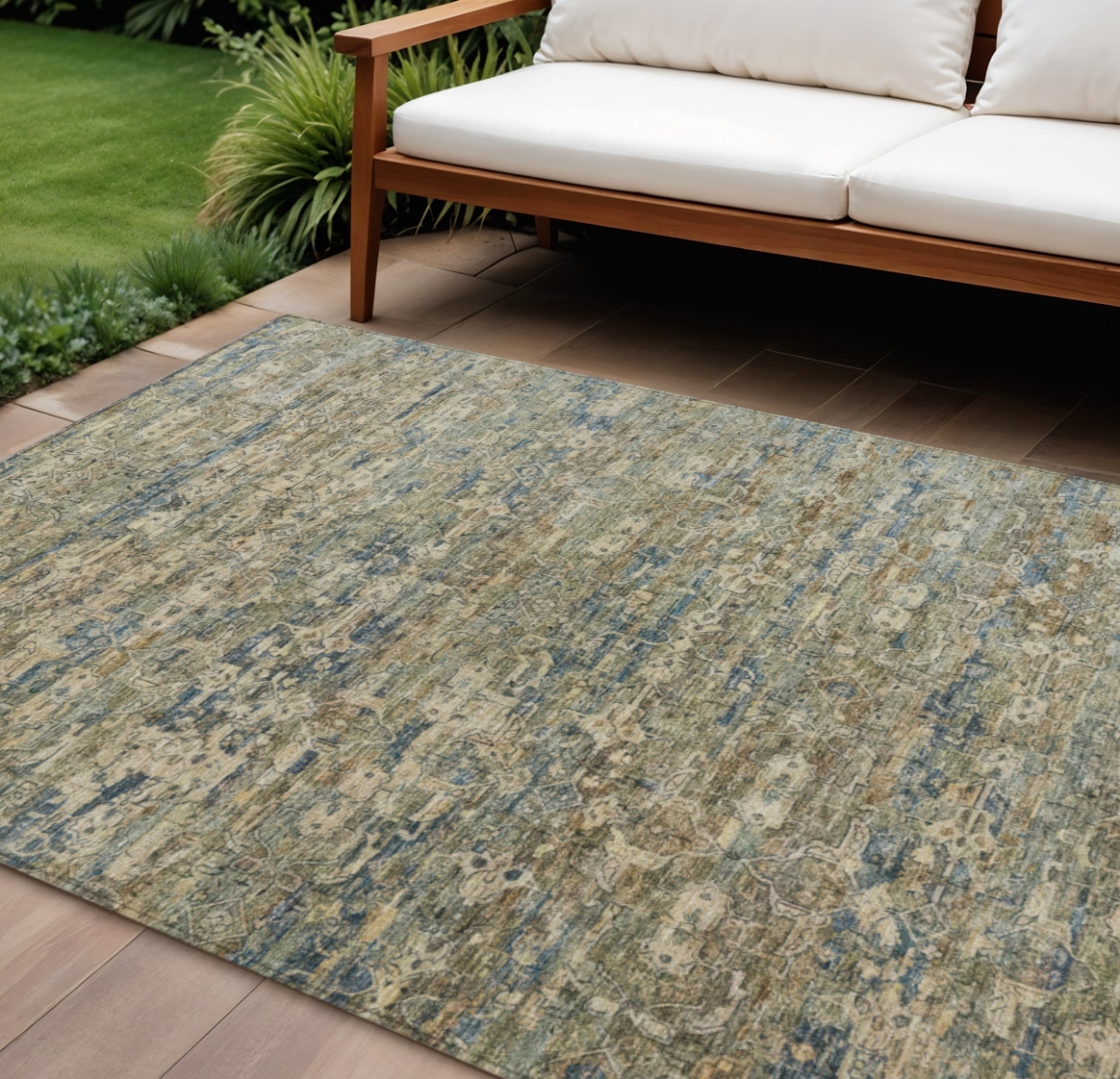 659340 9 x 12 ft. Artichoke Green Blue & Ivory Ikat Washable Transitional Indoor & Outdoor Rectangle Area Rug