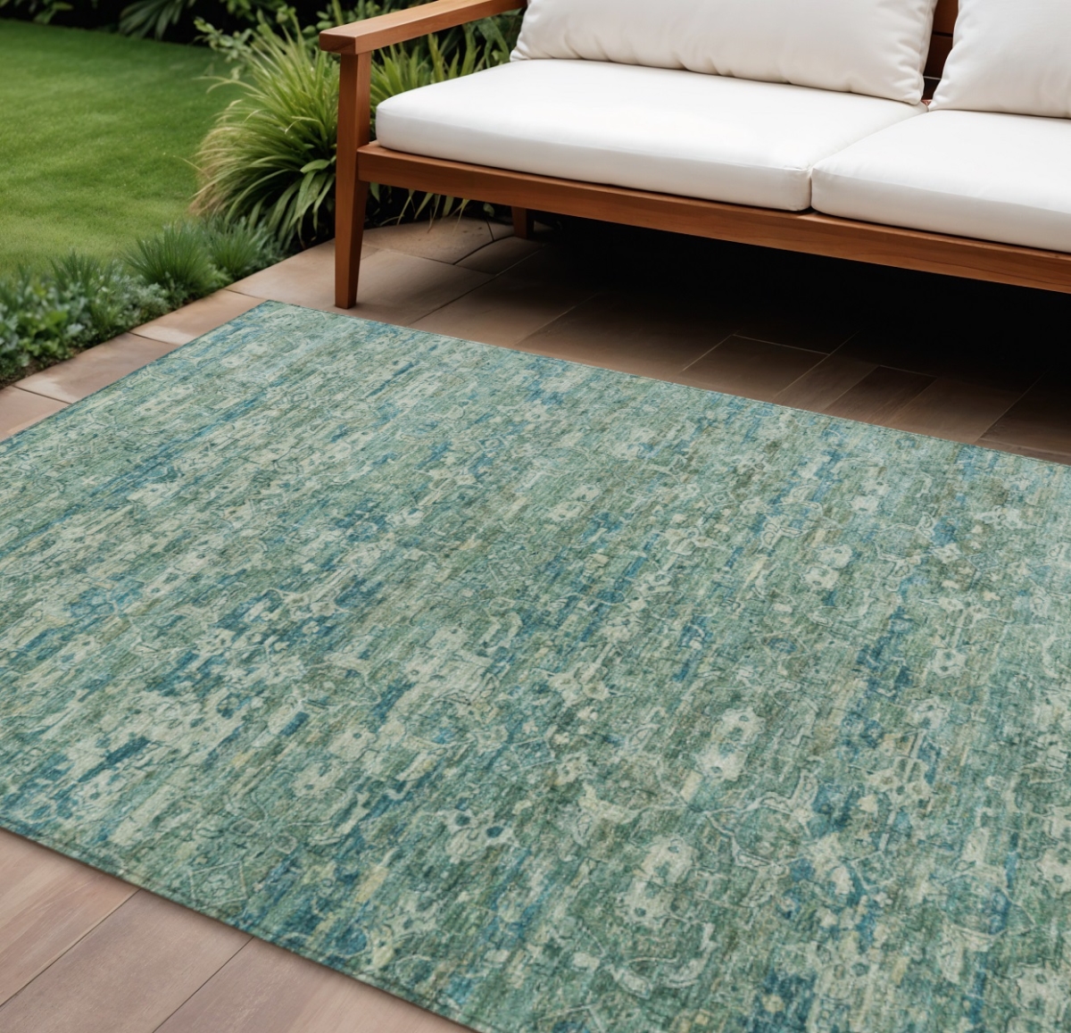 659388 9 x 12 ft. Teal, Blue & Ivory Ikat Washable Transitional Indoor & Outdoor Rectangle Area Rug