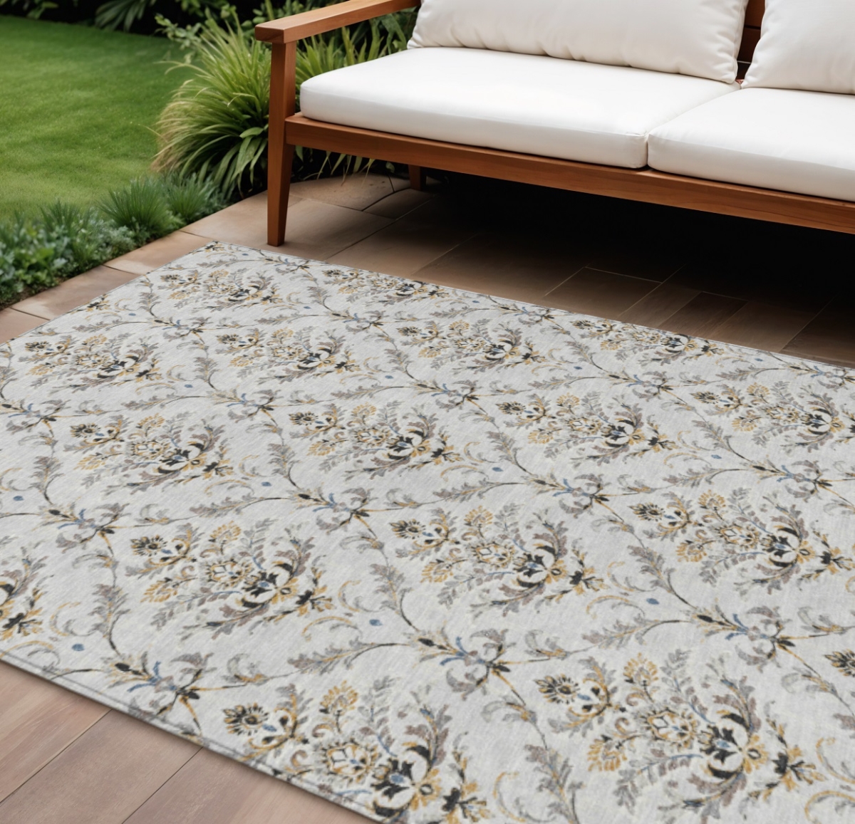 659425 10 x 14 ft. Silver Blue & Gray Damask Washable Traditional Indoor & Outdoor Rectangle Area Rug
