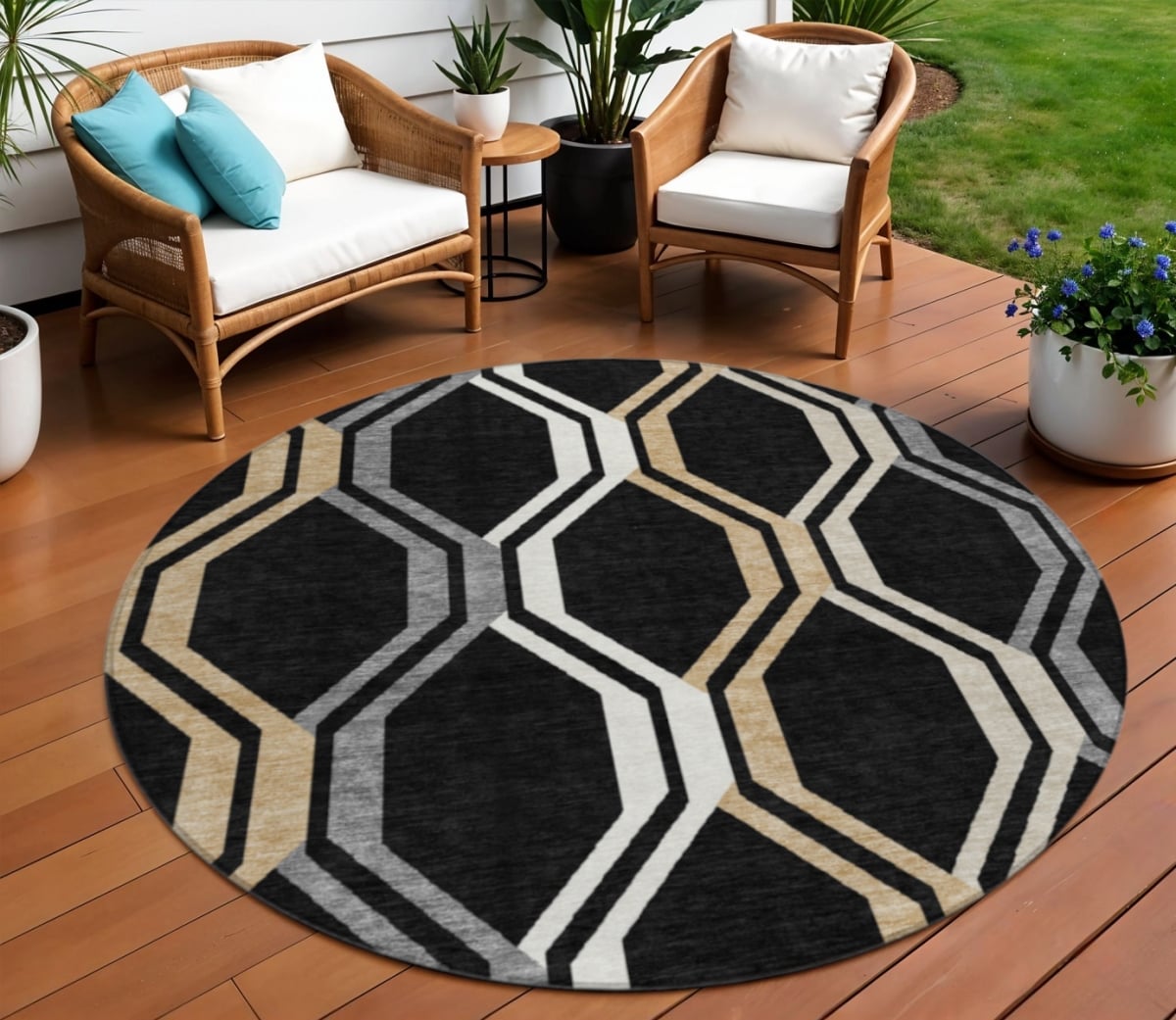 659434 8 ft. Black Beige & Gray Geometric Washable Transitional Indoor & Outdoor Round Area Rug