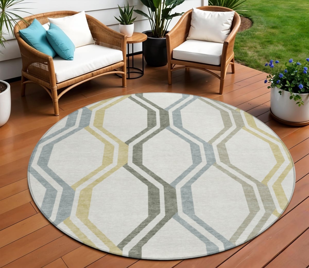659458 8 ft. Ivory, Gray & Wheat Geometric Washable Transitional Indoor & Outdoor Round Area Rug