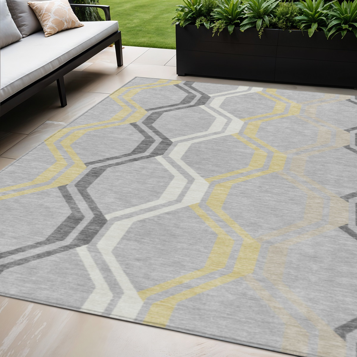 659481 5 x 8 ft. Silver Beige & Charcoal Geometric Washable Transitional Indoor & Outdoor Rectangle Area Rug