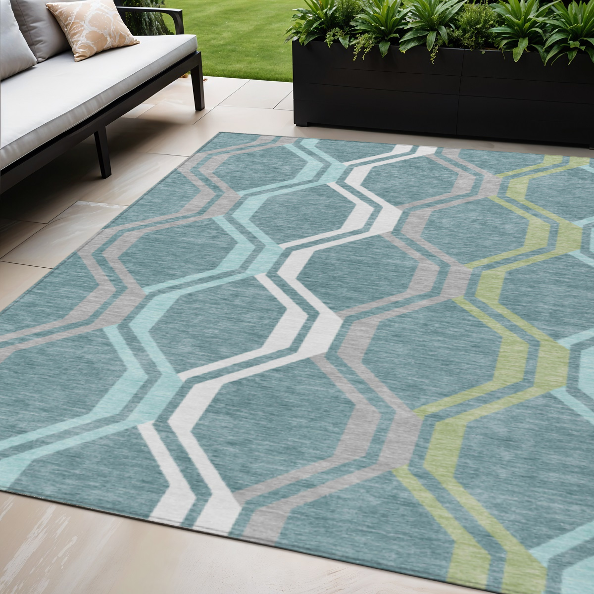 659487 5 x 8 ft. Teal Blue, Gray & Ivory Geometric Washable Transitional Indoor & Outdoor Rectangle Area Rug