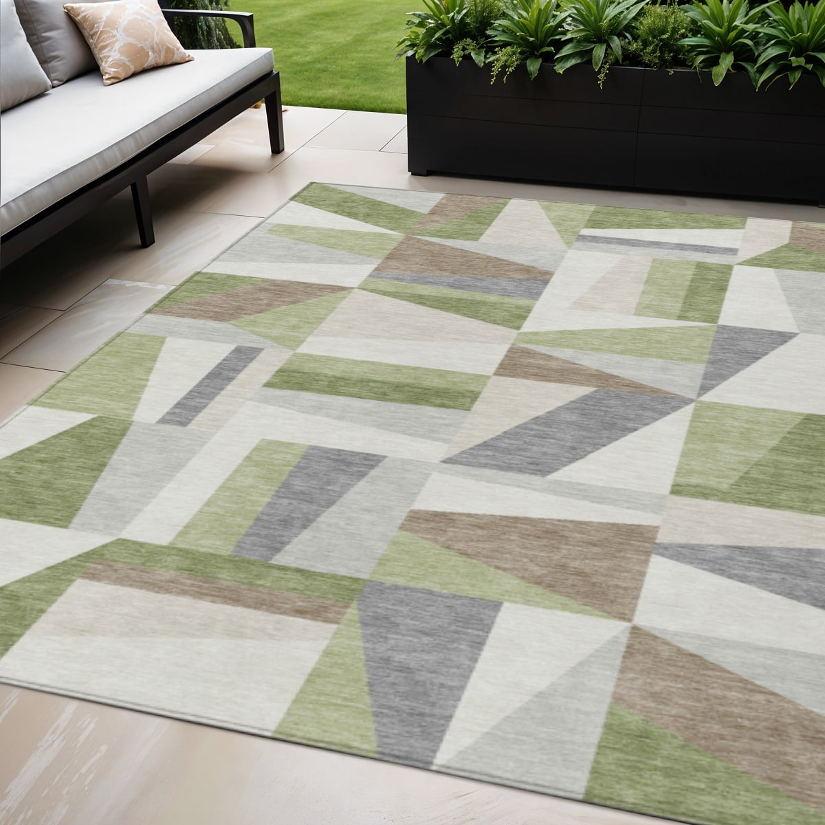 659503 5 x 8 ft. Artichoke Green, Ivory & Taupe Geometric Washable Transitional Indoor & Outdoor Rectangle Area Rug