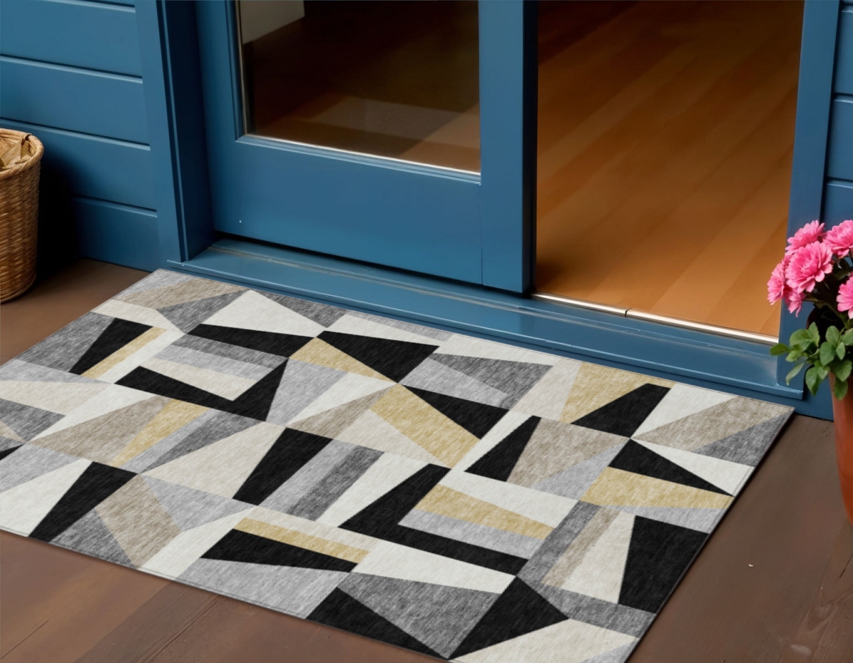 659514 3 x 5 ft. Black Wheat & Ivory Geometric Washable Transitional Indoor & Outdoor Rectangle Area Rug